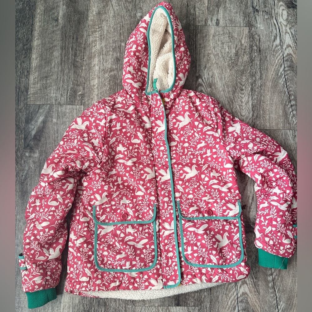 Mini Boden Peculiar Pets Sherpa Lined Anorak Coat Hooded Jacket Girls Size 11-12